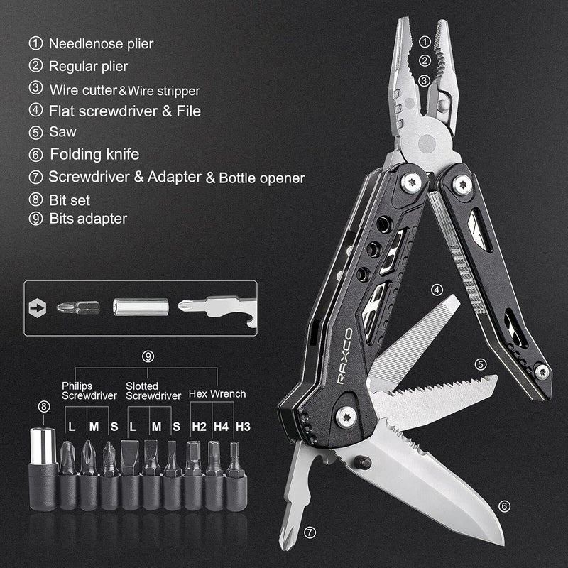 RAXCO Gift for Men, 15-in-1 Multitool Pliers with Nylon Bag, Foldable Multifunctional Pliers, Stainless Steel Multitool Tool with Scissors, Bottle Opener and Screwdriver for Outdoor and Camping