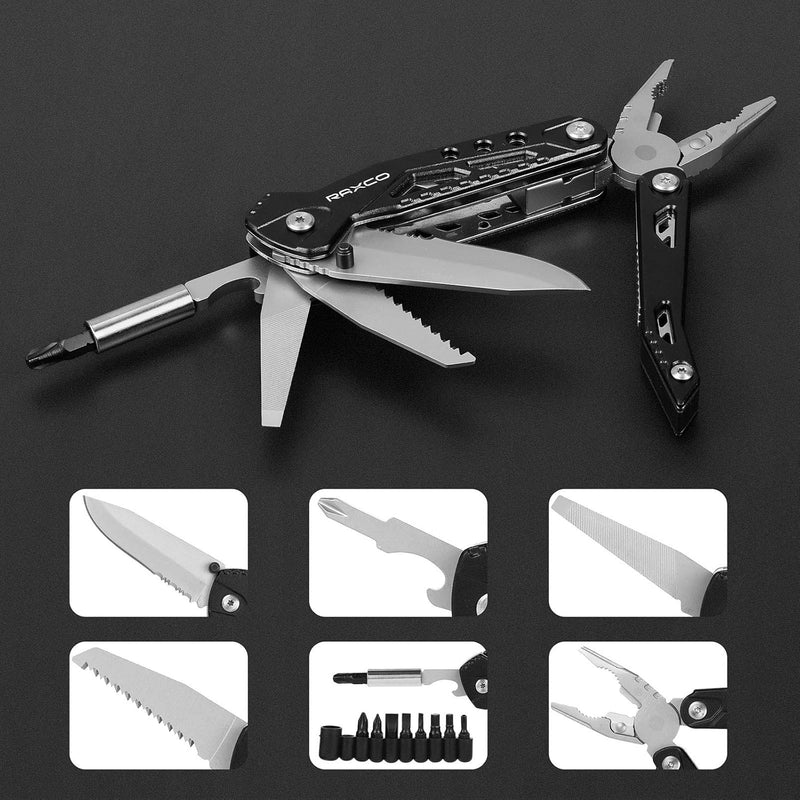 RAXCO Gift for Men, 15-in-1 Multitool Pliers with Nylon Bag, Foldable Multifunctional Pliers, Stainless Steel Multitool Tool with Scissors, Bottle Opener and Screwdriver for Outdoor and Camping